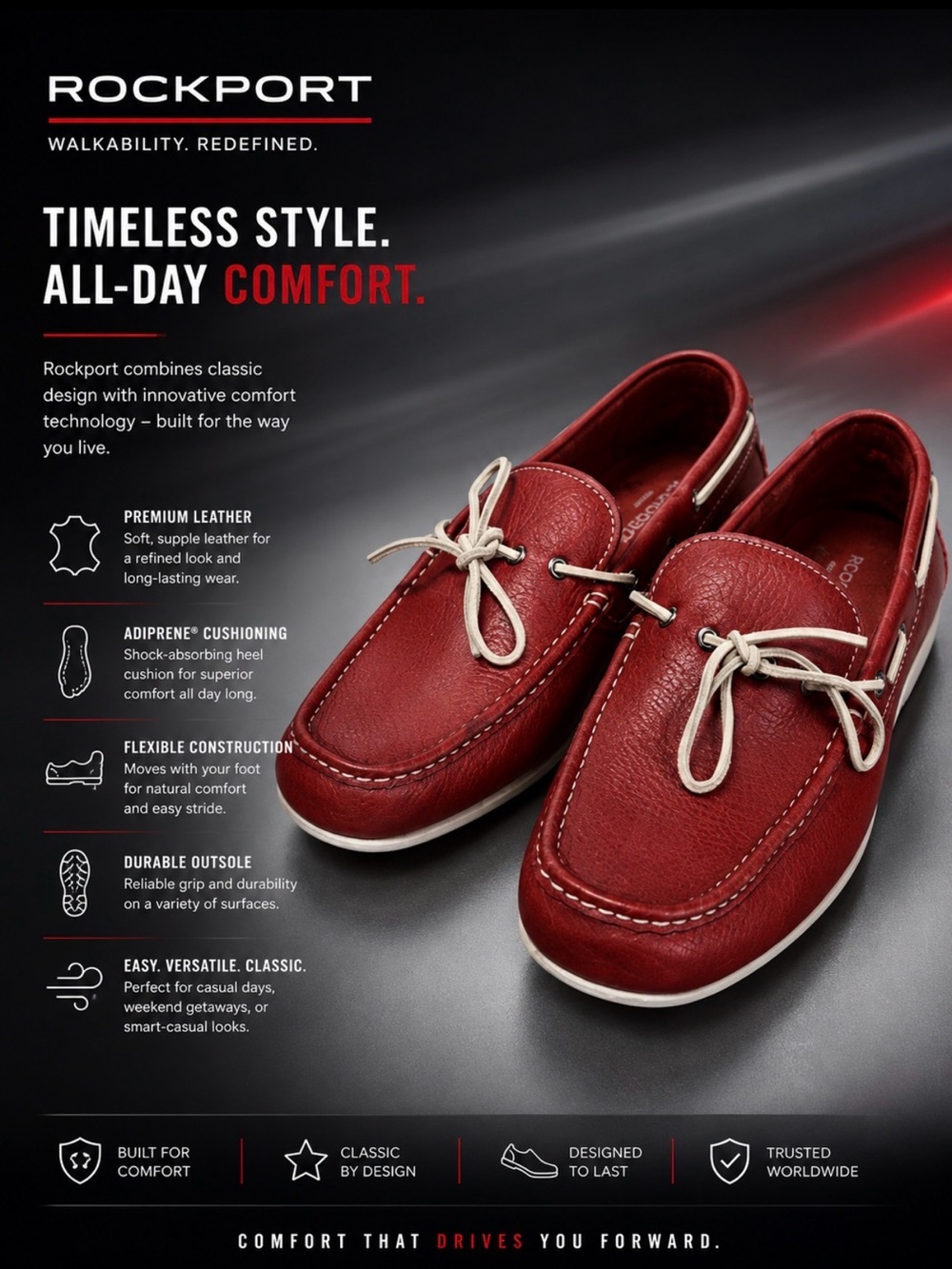 Rockport DALVER Walkability Red Leather Ultimate Comfort Driver
Loafers, 10.5M